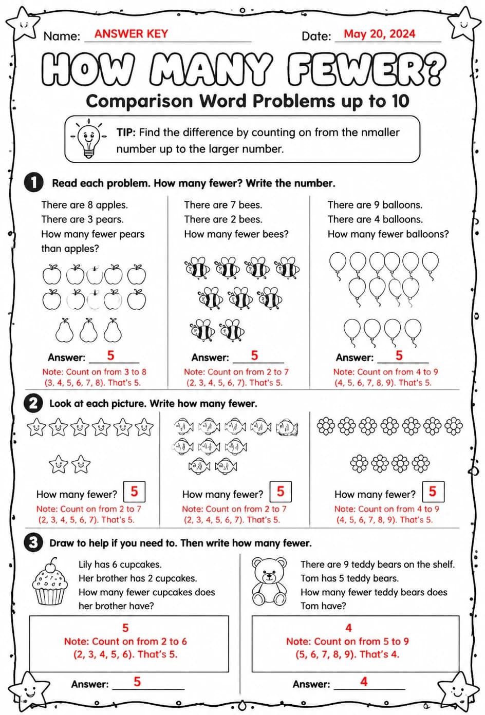 Answer key for Comparison word problems up to 10: how many fewer? — free printable Math worksheet