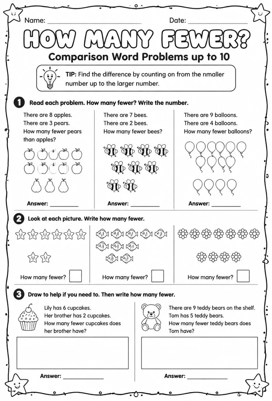Comparison word problems up to 10: how many fewer? — free printable Grade 1 math worksheet