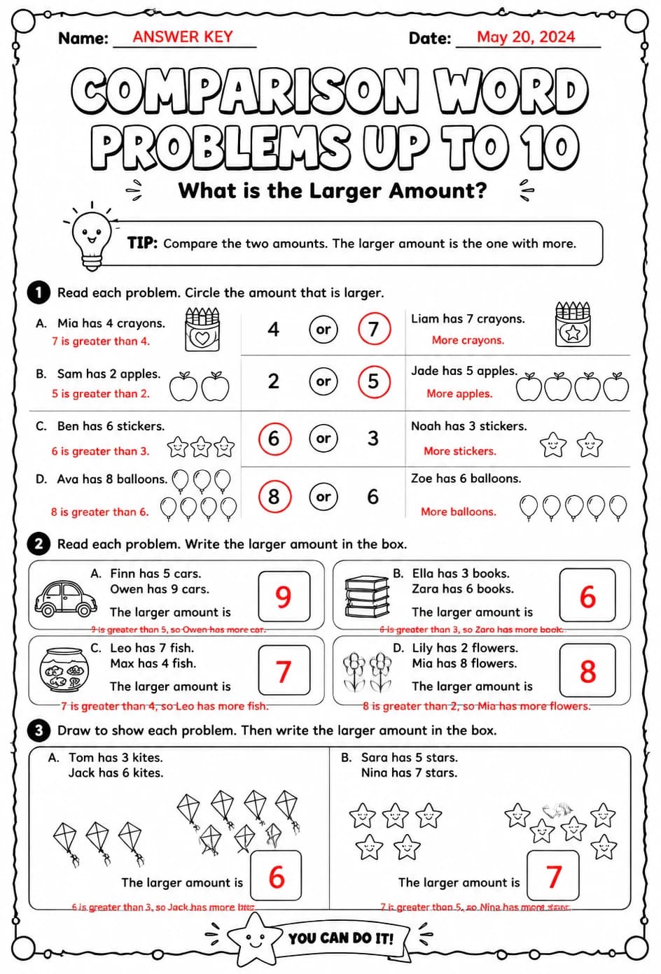 Answer key for Comparison word problems up to 10: what is the larger amount? — free printable Math worksheet
