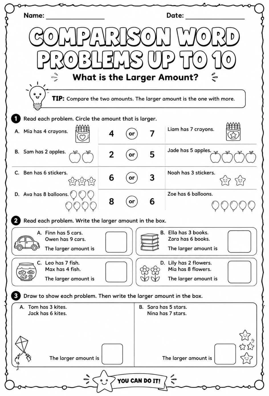 Comparison word problems up to 10: what is the larger amount? — free printable Grade 1 math worksheet