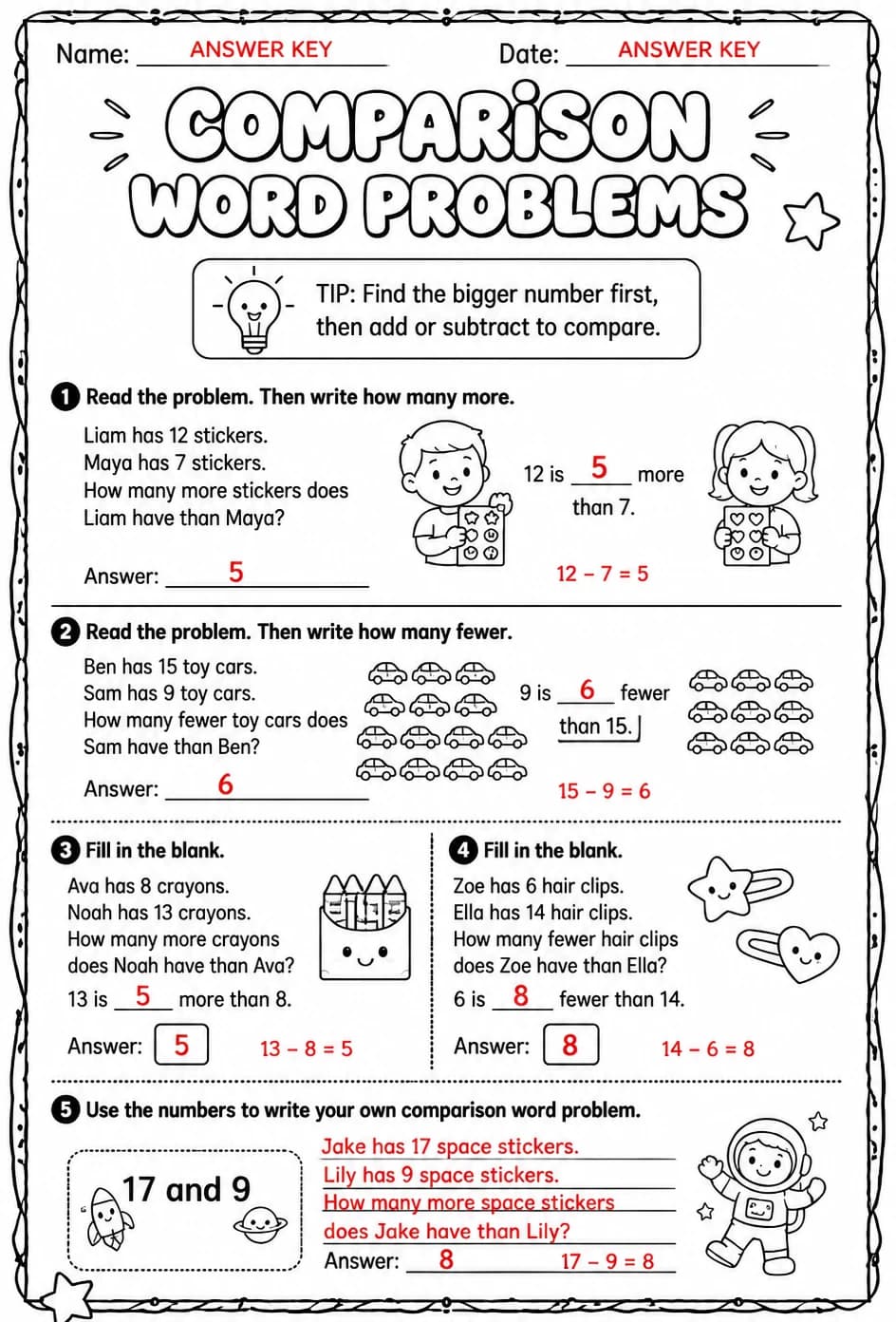 Answer key for Comparison word problems - up to 20 — free printable Math worksheet