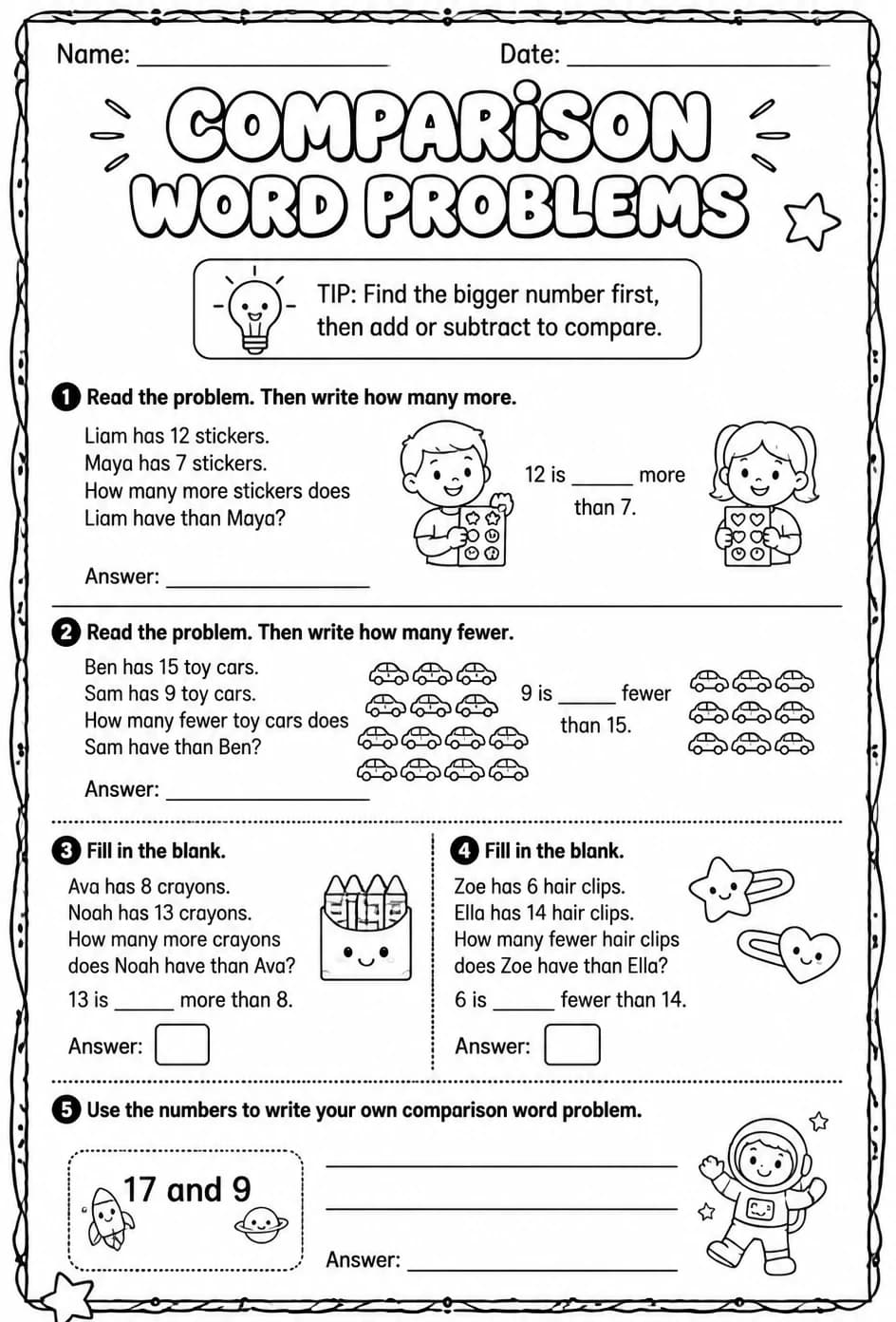 Comparison word problems - up to 20 — free printable Grade 2 math worksheet