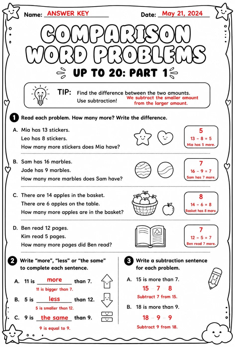 Answer key for Comparison word problems up to 20: part 1 — free printable Math worksheet
