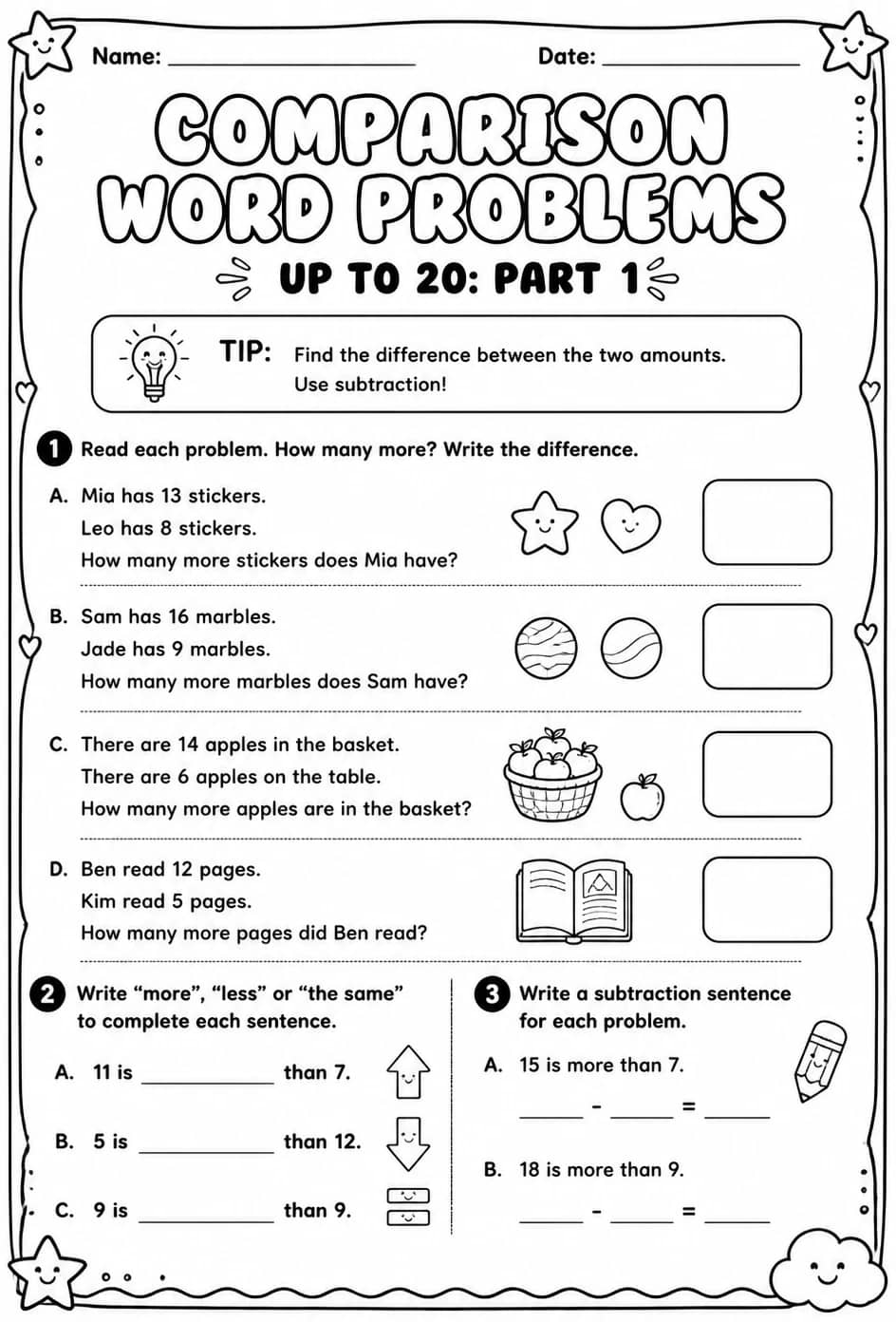 Comparison word problems up to 20: part 1 — free printable Grade 1 math worksheet