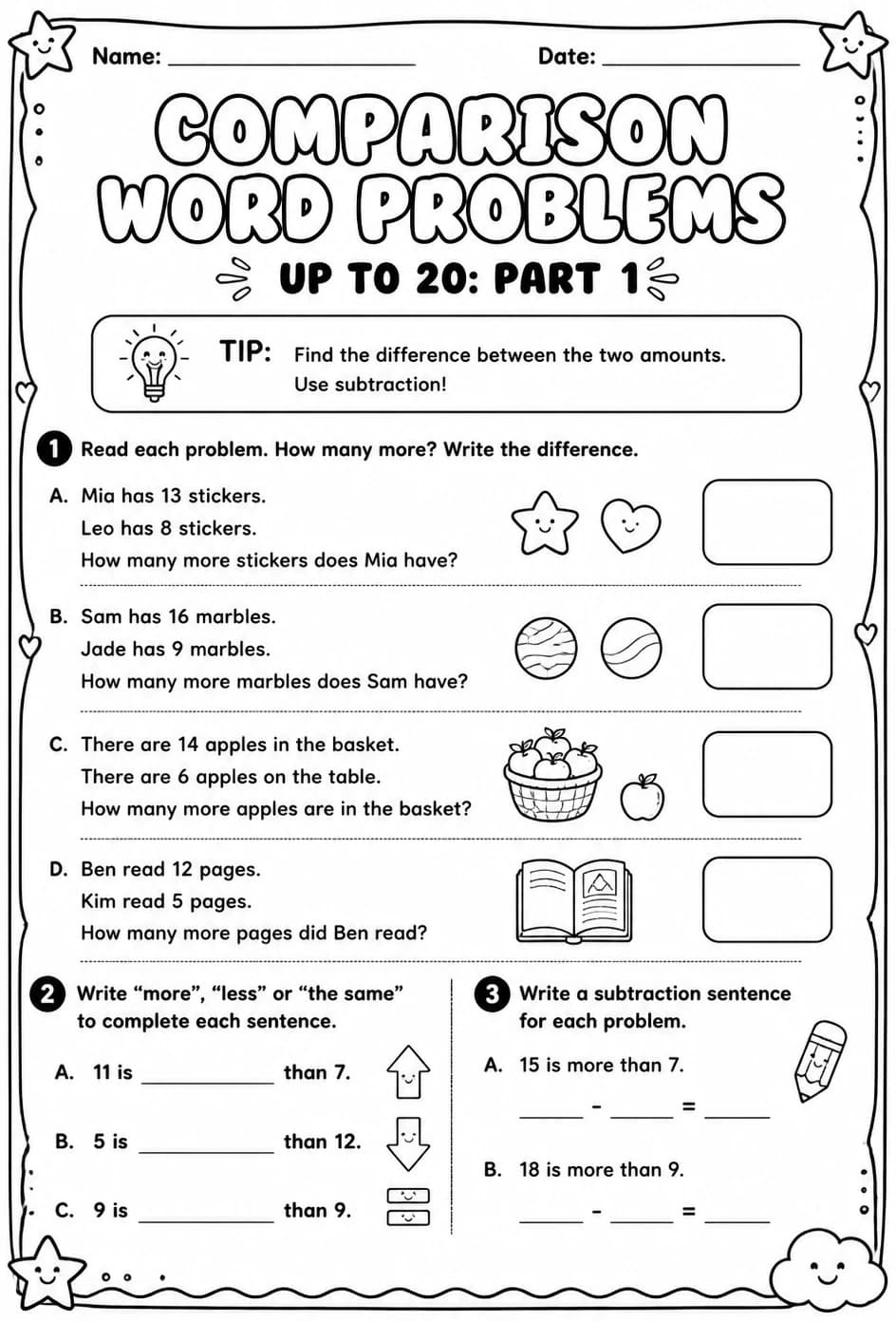 Comparison word problems up to 20: part 1 — free printable Grade 1 math worksheet