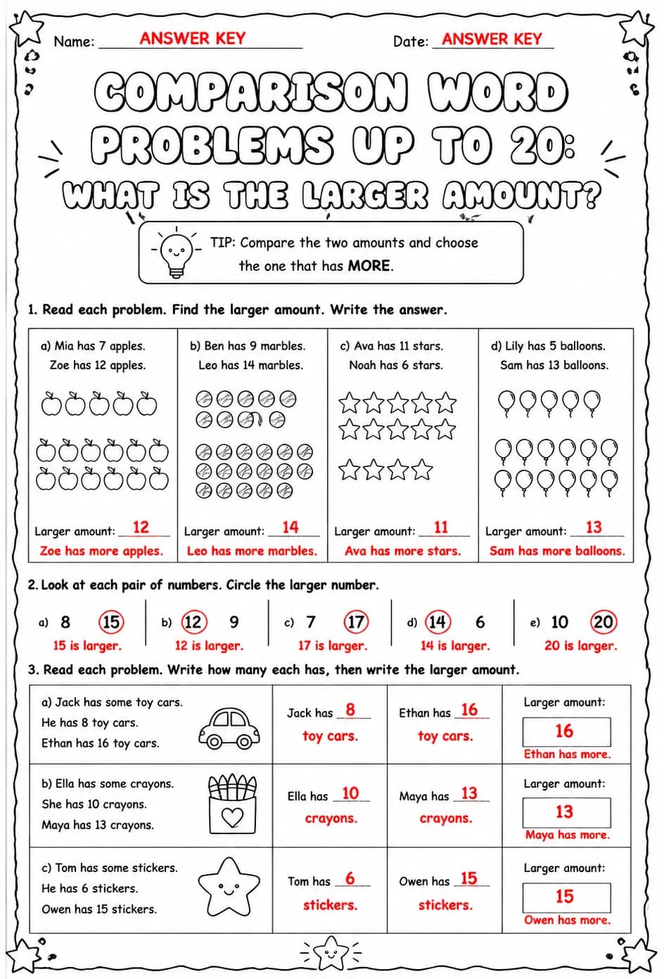 Answer key for Comparison word problems up to 20: what is the larger amount? — free printable Math worksheet