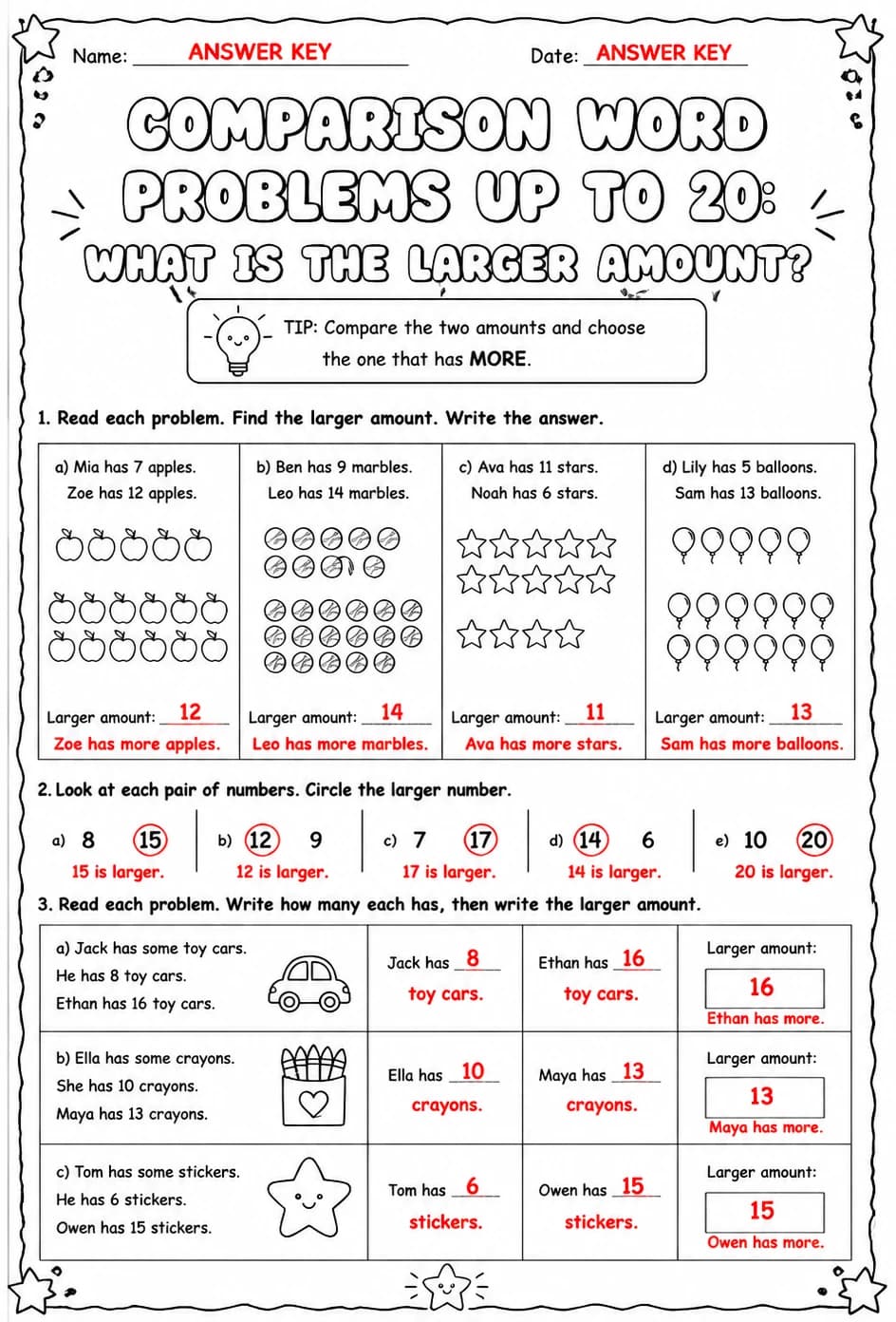 Answer key for Comparison word problems up to 20: what is the larger amount? — free printable Math worksheet