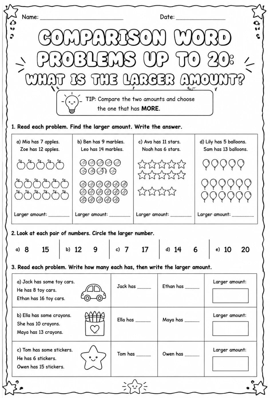 Comparison word problems up to 20: what is the larger amount? — free printable Grade 1 math worksheet