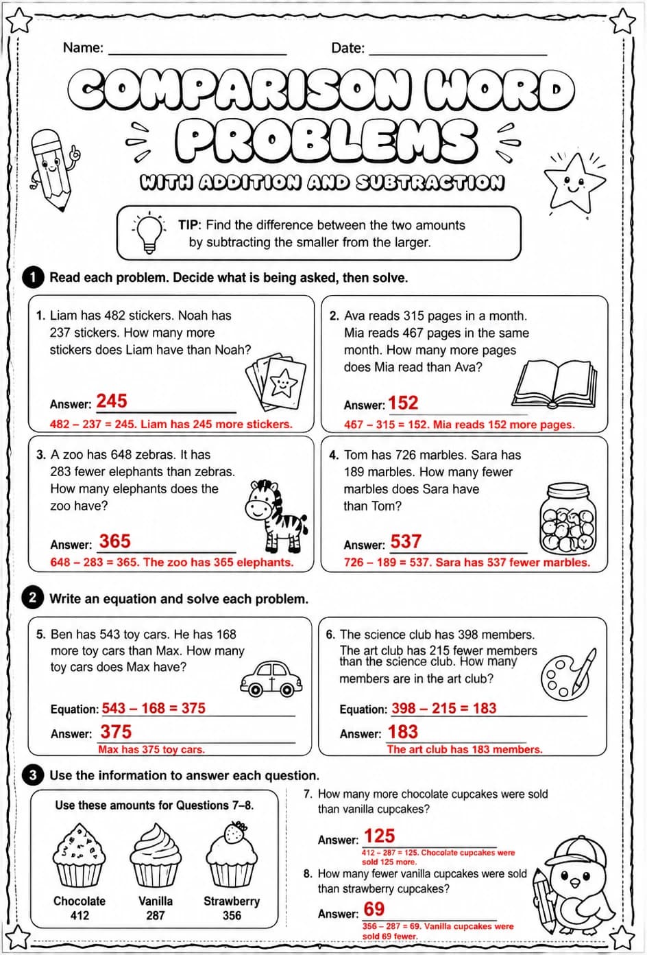 Answer key for Comparison word problems with addition and subtraction — free printable Math worksheet