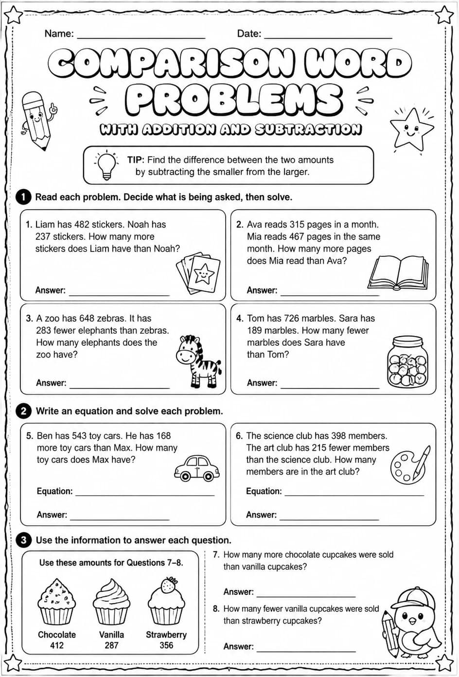 Comparison word problems with addition and subtraction — free printable Grade 4 math worksheet