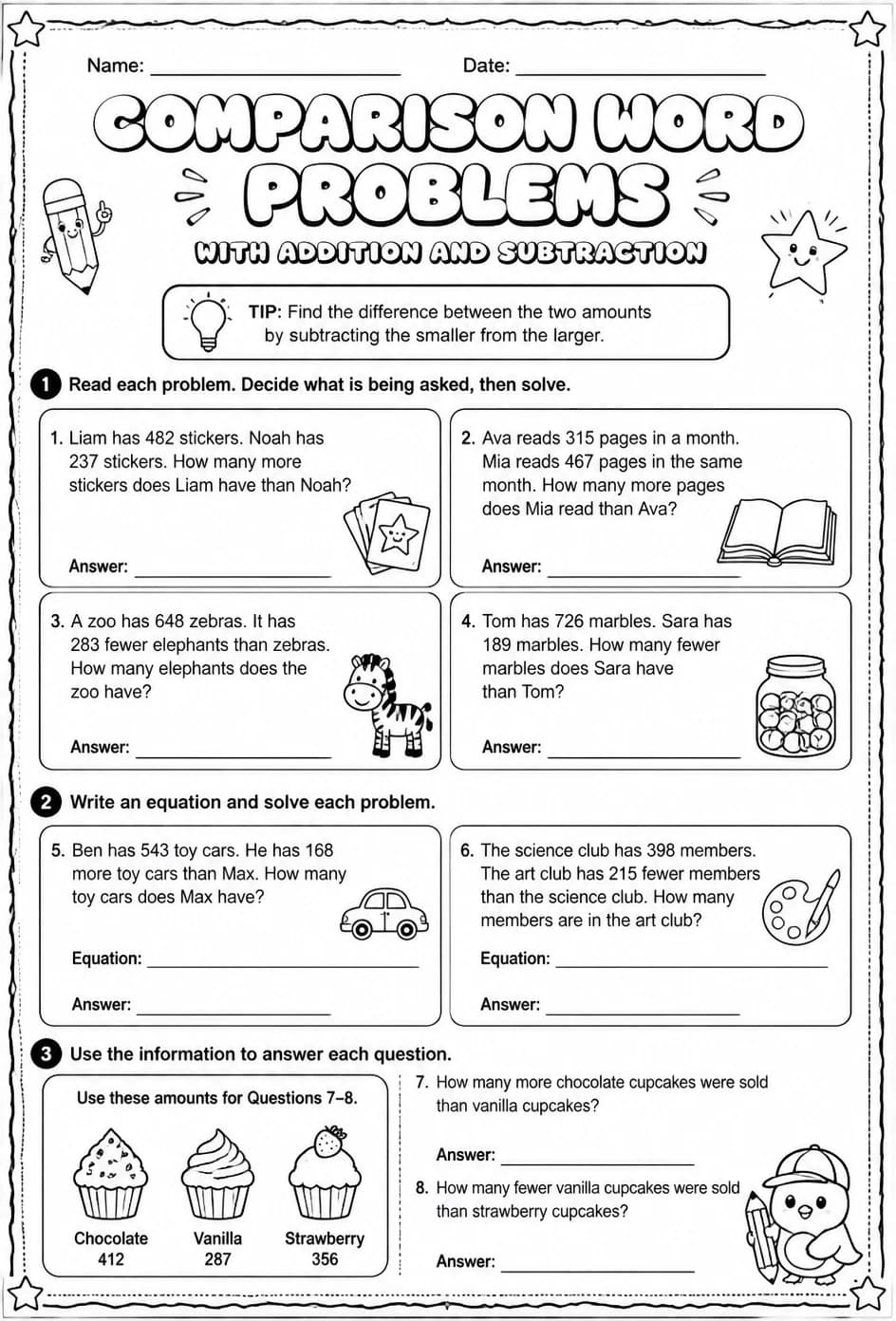 Comparison word problems with addition and subtraction — free printable Grade 4 math worksheet