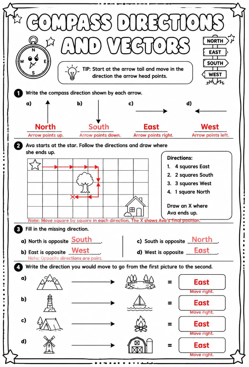 Answer key for Compass directions and vectors — free printable Math worksheet