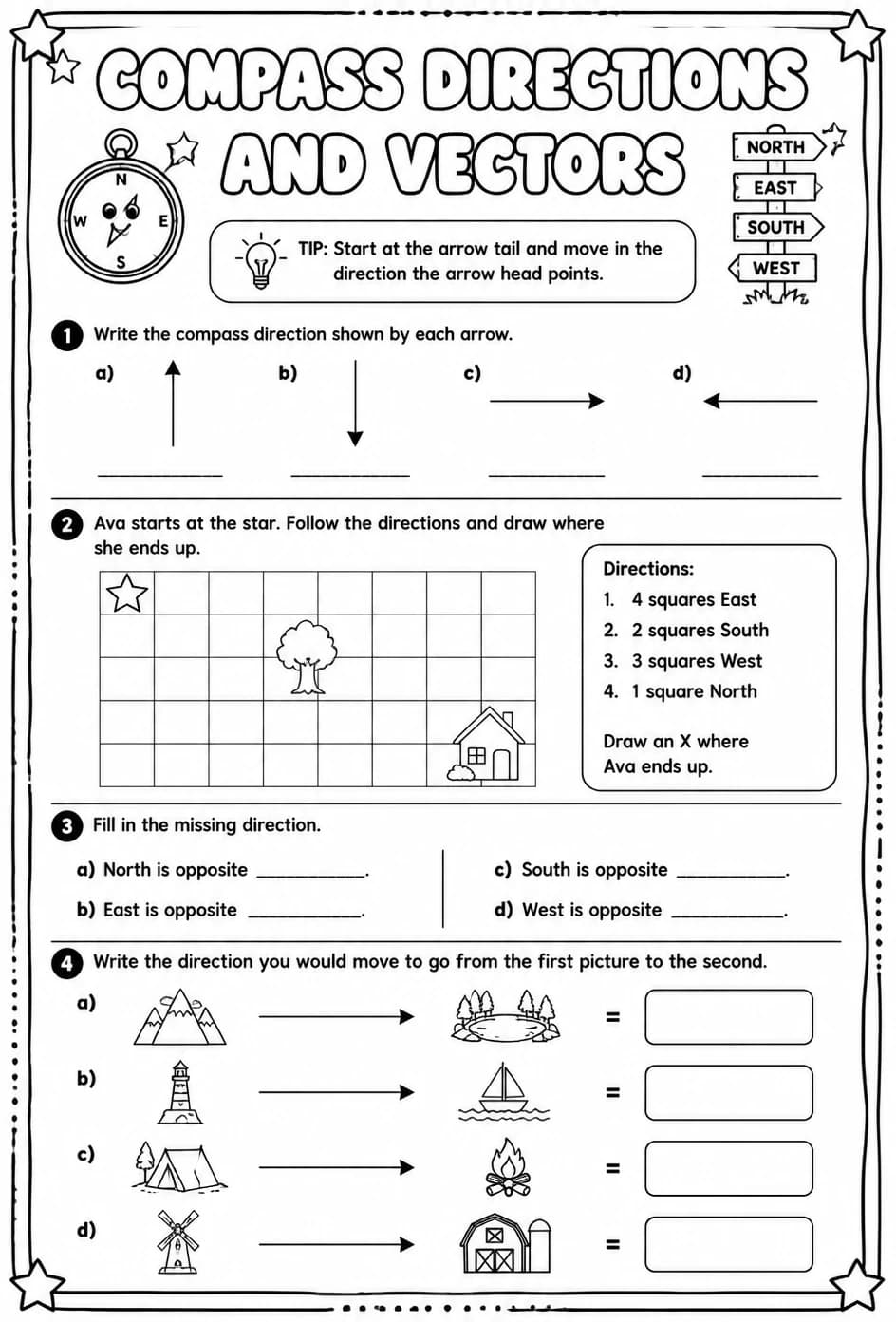 Compass directions and vectors — free printable Geometry math worksheet