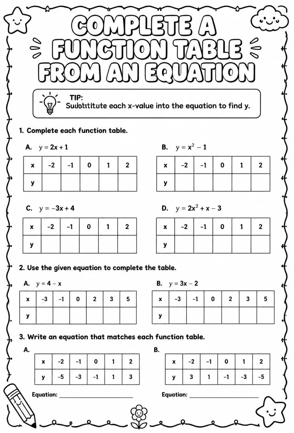 Complete a function table from an equation — free printable Algebra 1 math worksheet