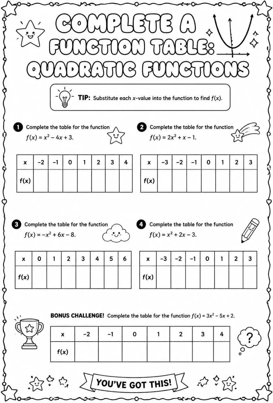 Complete a function table: quadratic functions — free printable Algebra 2 math worksheet