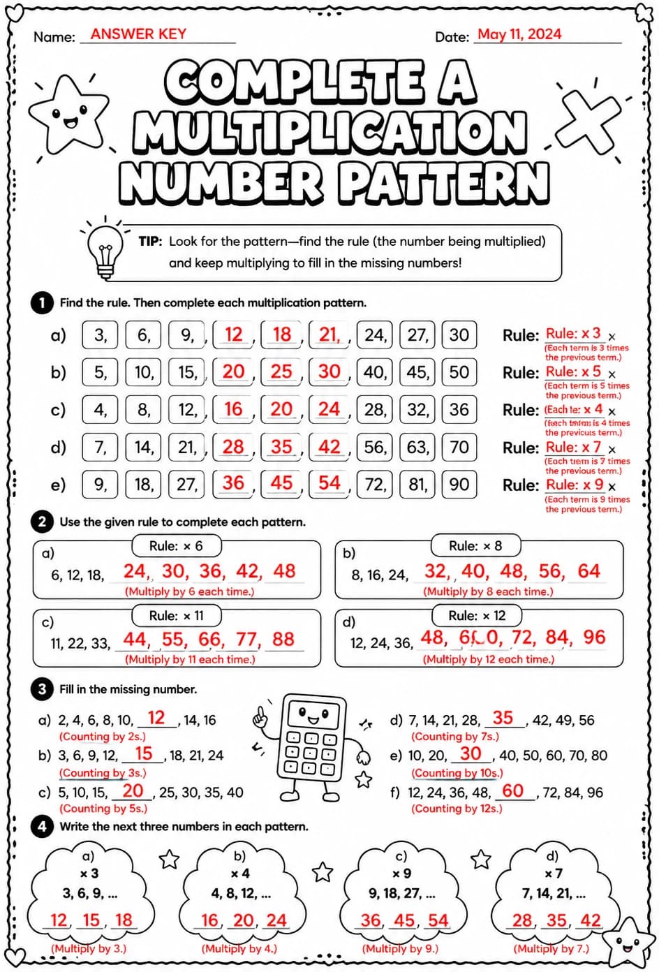 Answer key for Complete a multiplication number pattern — free printable Math worksheet