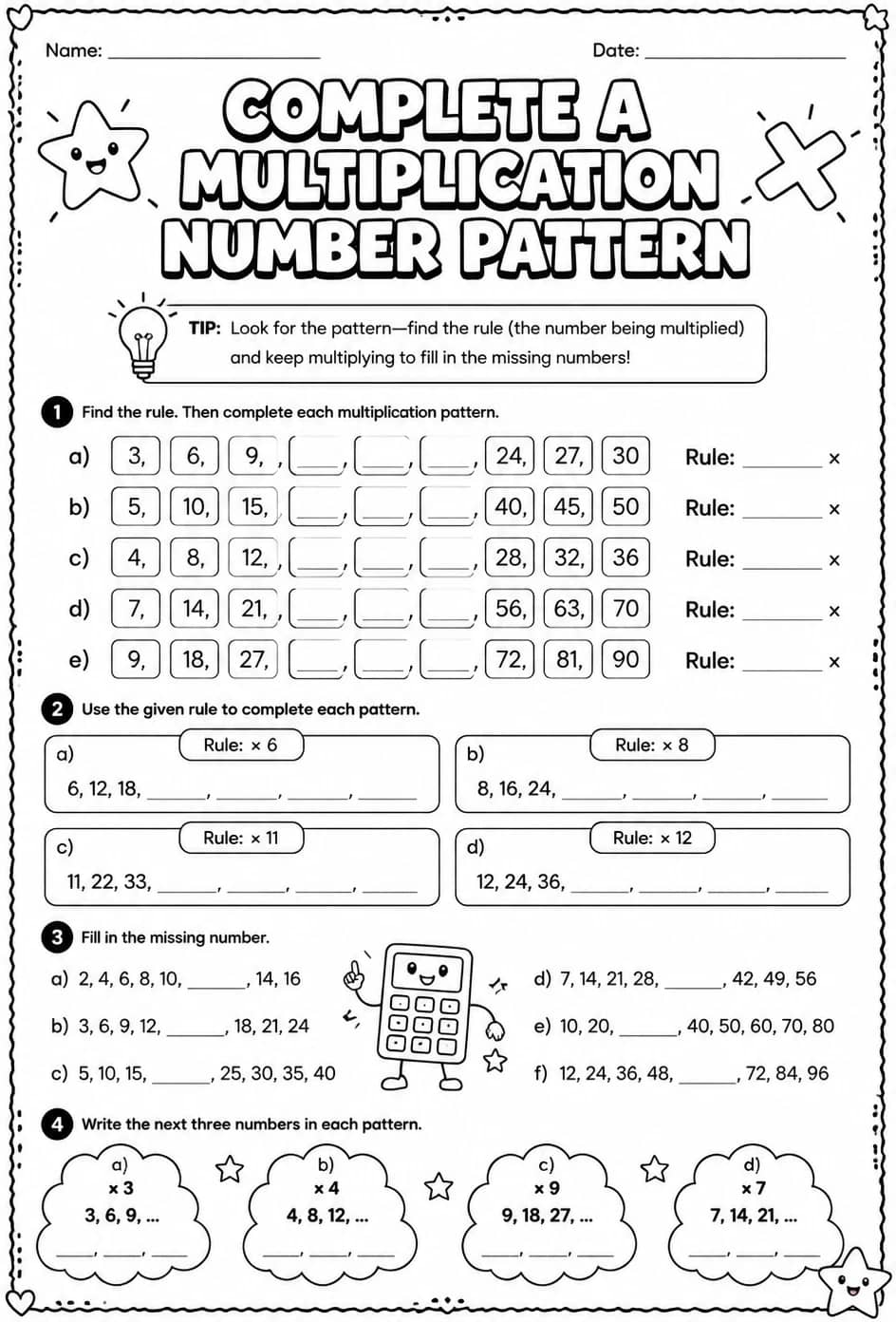 Complete a multiplication number pattern — free printable Grade 5 math worksheet