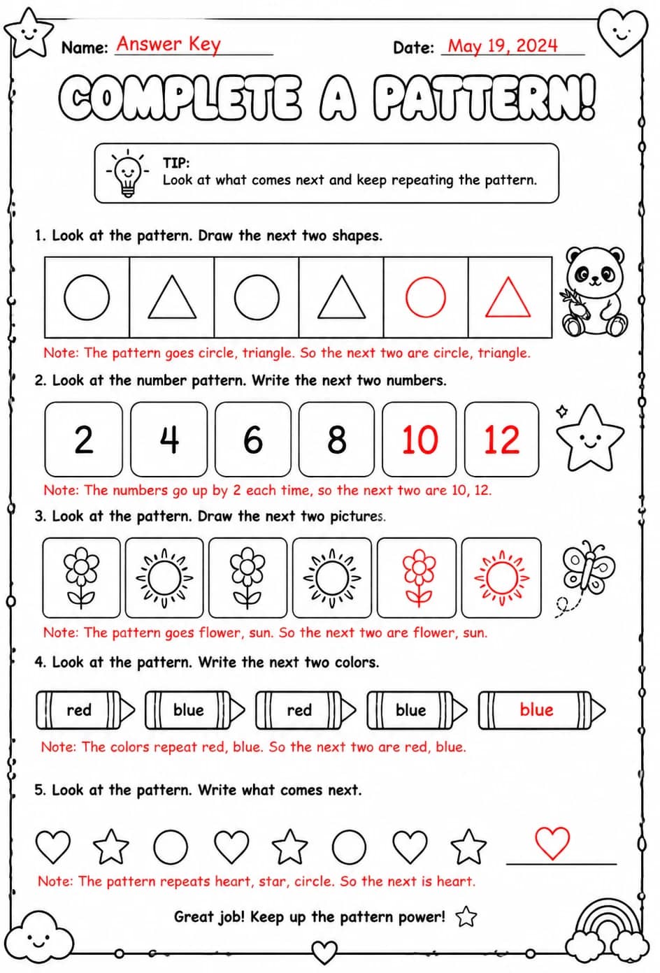Answer key for Complete a pattern — free printable Math worksheet