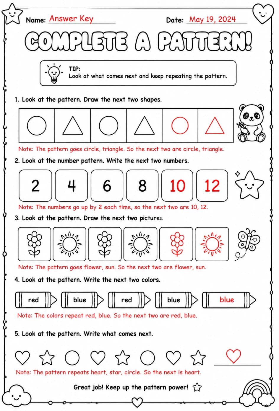 Answer key for Complete a pattern — free printable Math worksheet