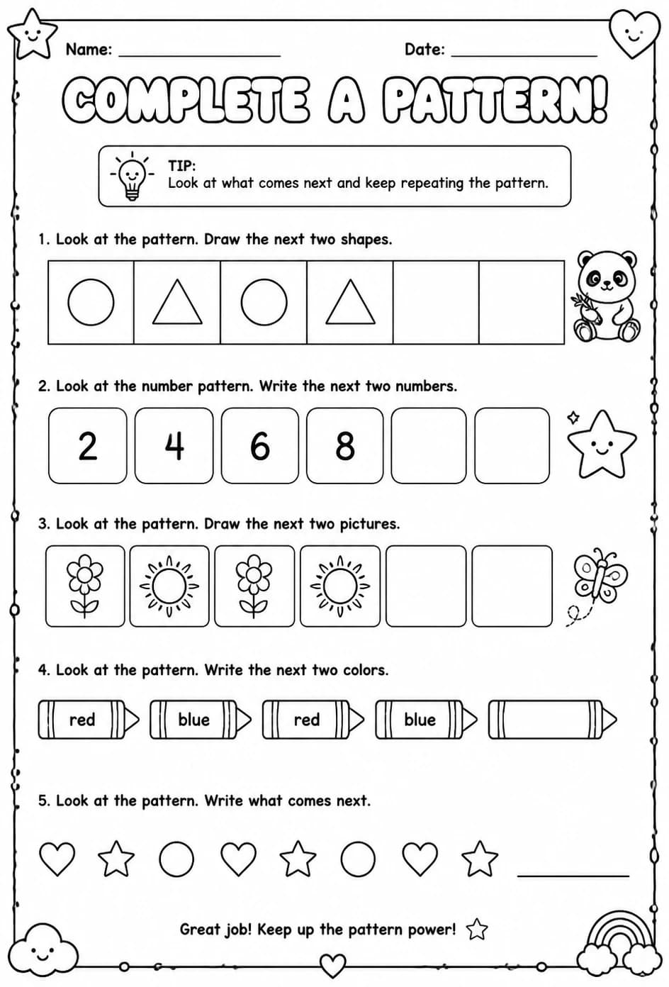 Complete a pattern — free printable Grade 1 math worksheet