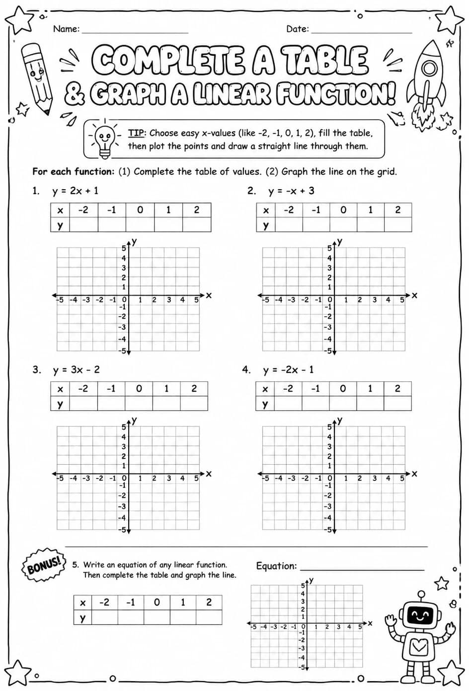 Complete a table and graph a linear function — free printable Grade 8 math worksheet