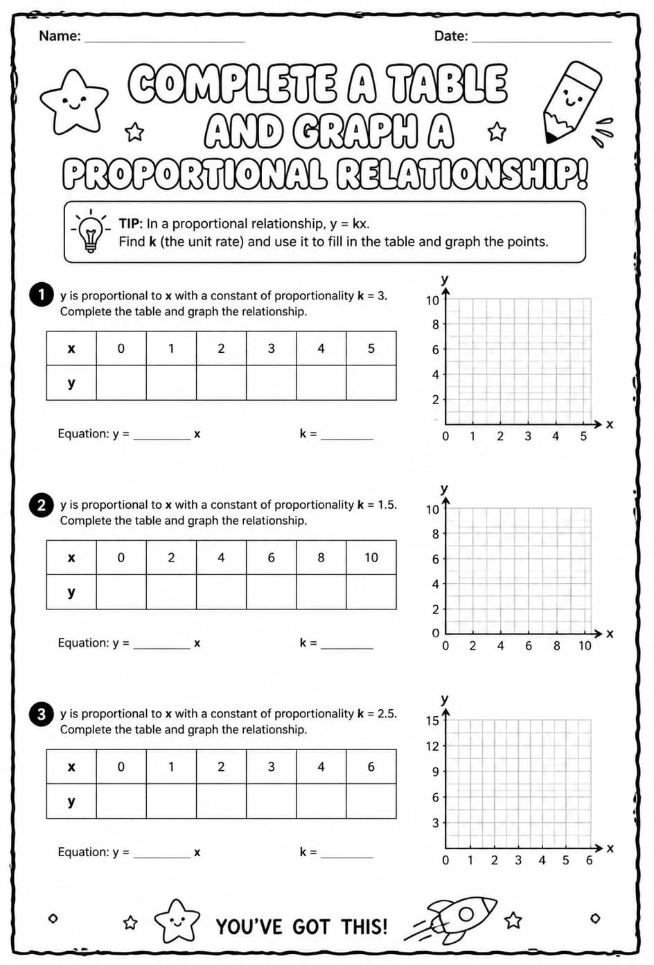 Complete a table and graph a proportional relationship — free printable Grade 7 math worksheet