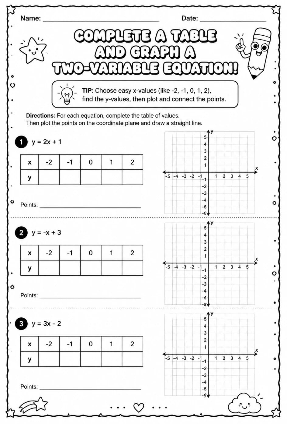 Complete a table and graph a two-variable equation — free printable Grade 6 math worksheet