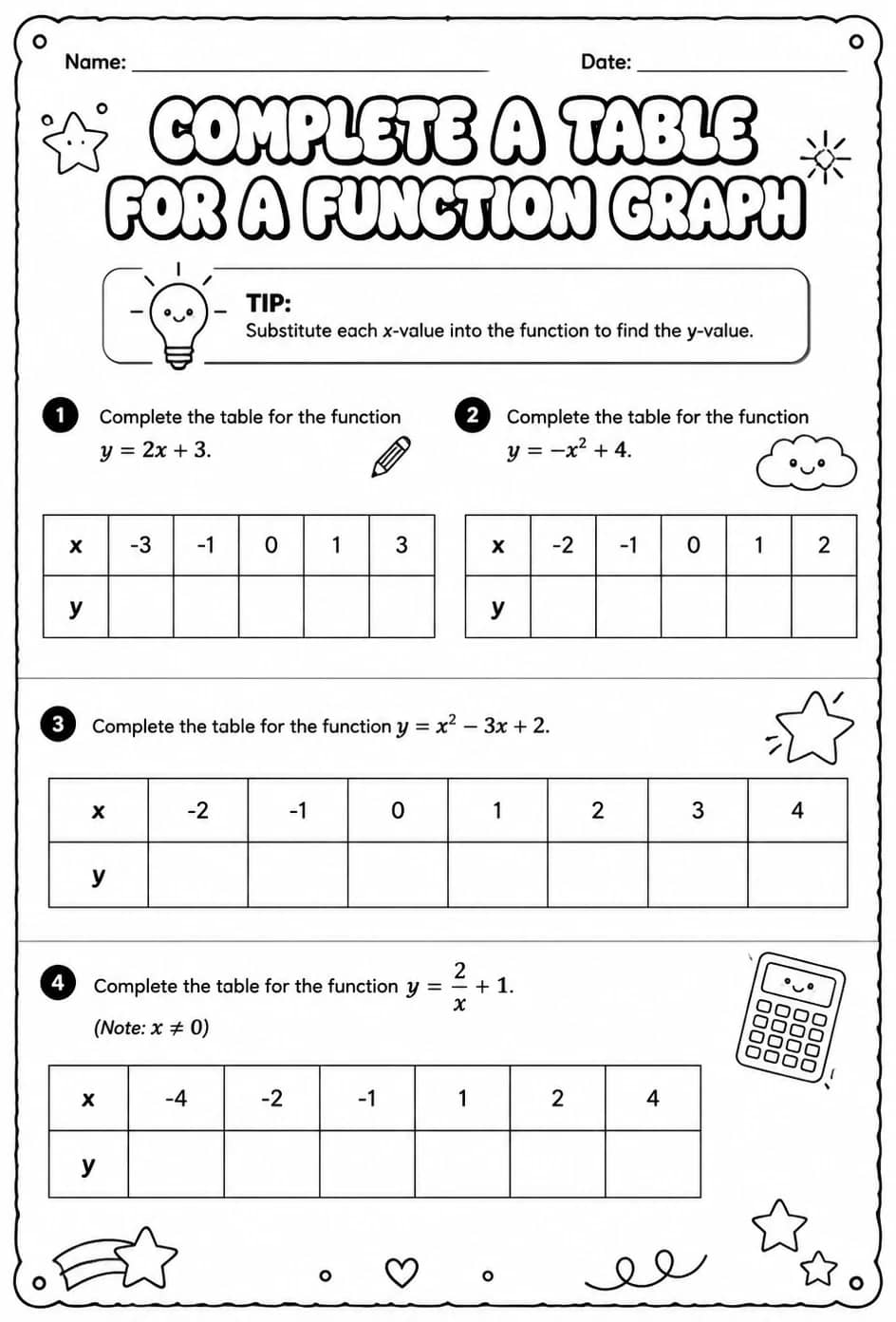 Complete a table for a function graph — free printable Algebra 2 math worksheet