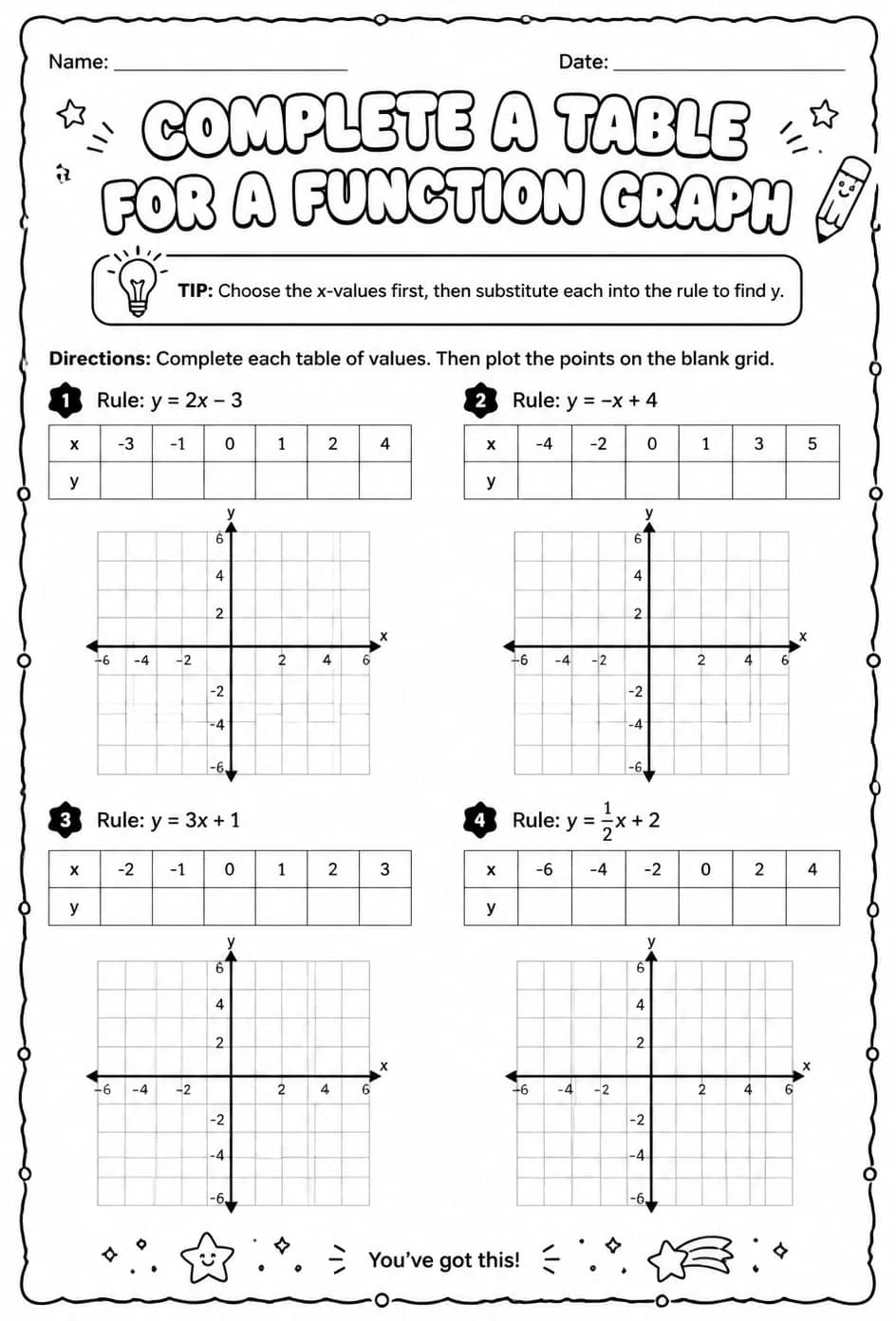 Complete a table for a function graph — free printable Grade 8 math worksheet
