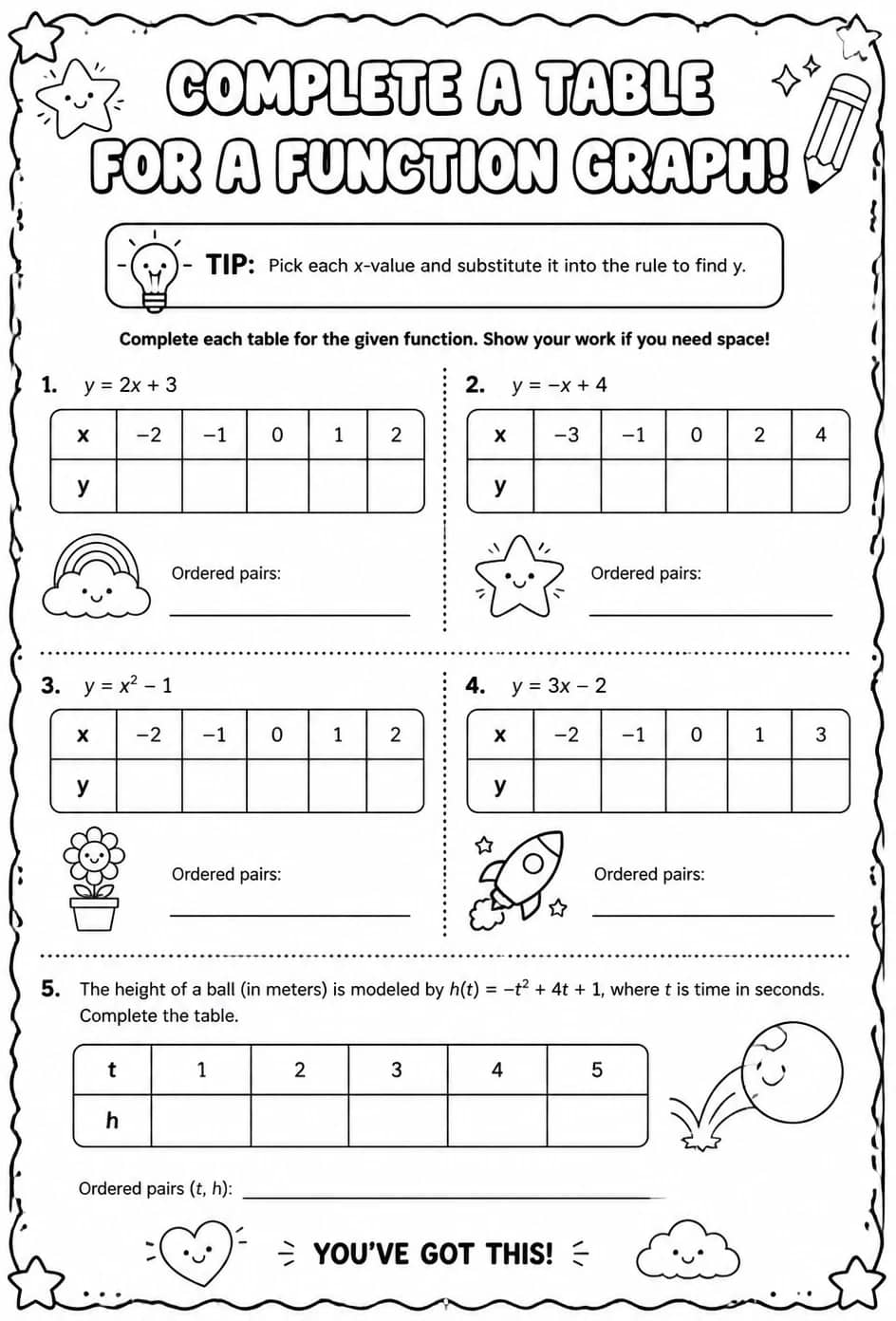 Complete a table for a function graph — free printable Precalculus math worksheet