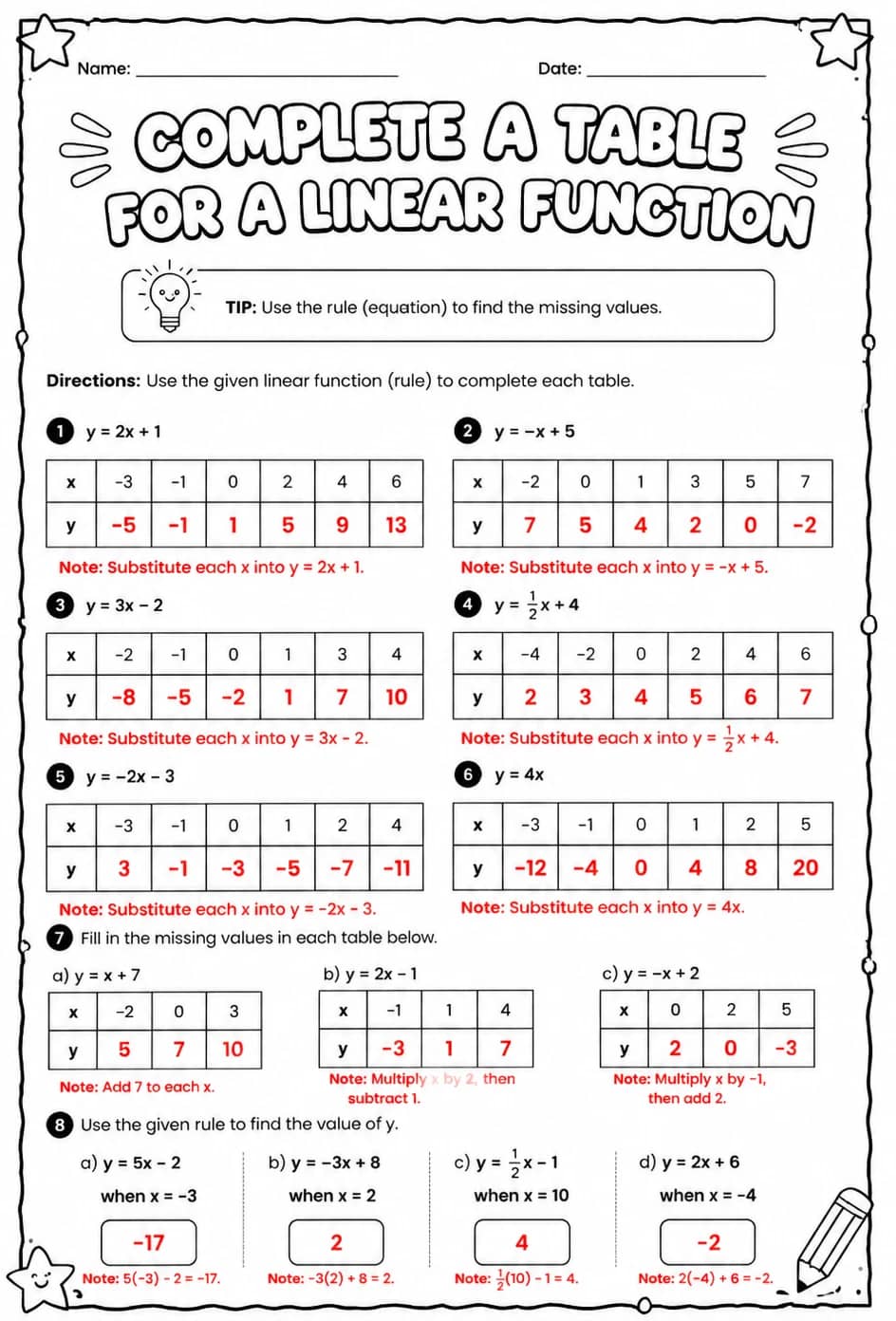 Answer key for Complete a table for a linear function — free printable Math worksheet
