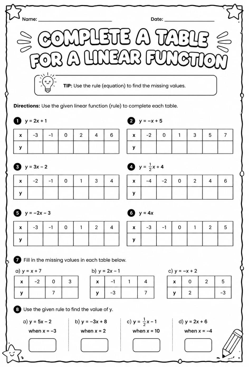 Complete a table for a linear function — free printable Grade 8 math worksheet