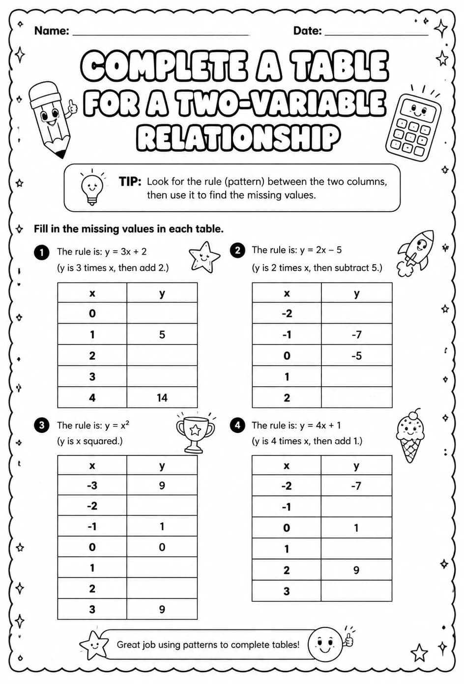 Complete a table for a two-variable relationship — free printable Grade 6 math worksheet