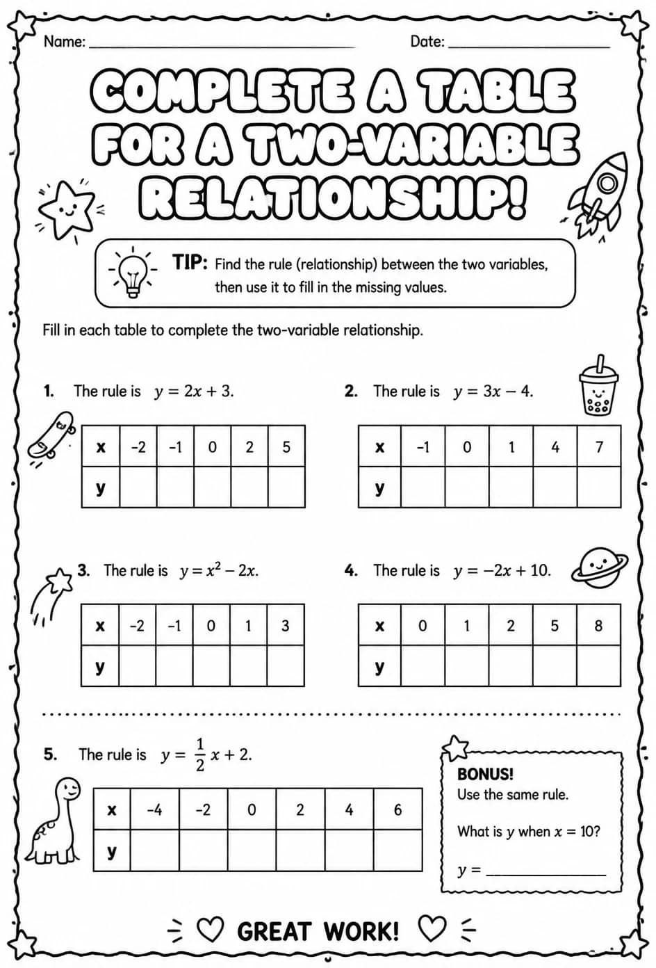 Complete a table for a two-variable relationship — free printable Grade 7 math worksheet
