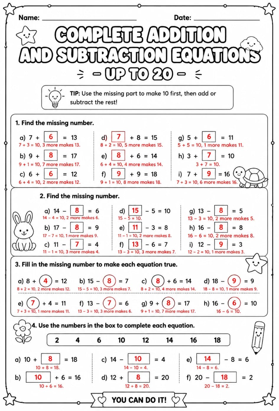 Answer key for Complete addition and subtraction equations - up to 20 — free printable Math worksheet