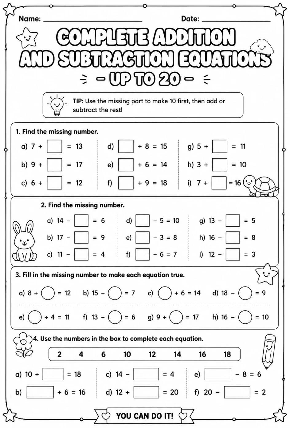 Complete addition and subtraction equations - up to 20 — free printable Grade 1 math worksheet