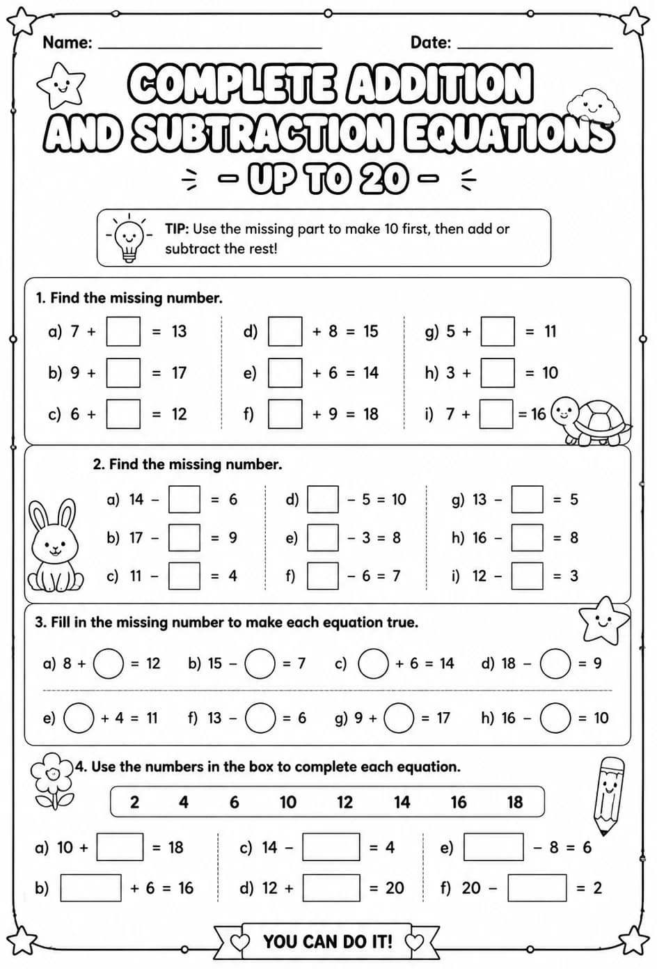 Complete addition and subtraction equations - up to 20 — free printable Grade 1 math worksheet
