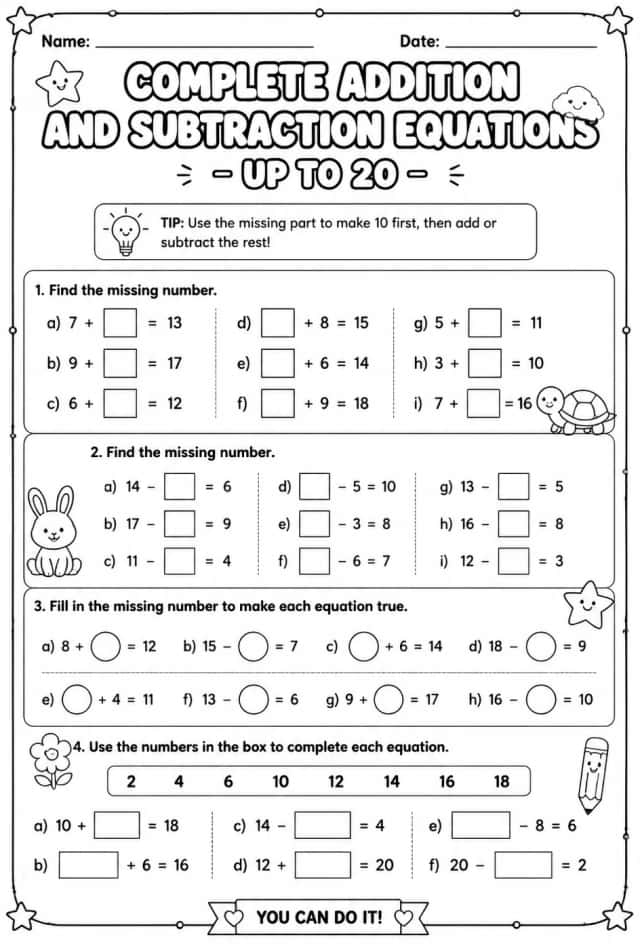 Complete addition and subtraction equations - up to 20