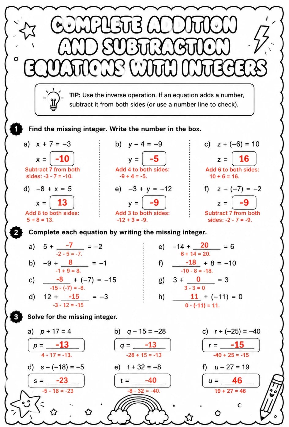 Answer key for Complete addition and subtraction equations with integers — free printable Math worksheet