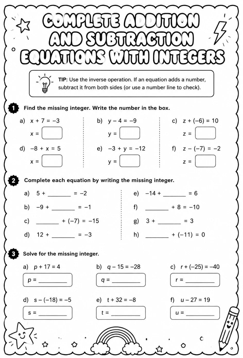 Complete addition and subtraction equations with integers — free printable Grade 7 math worksheet