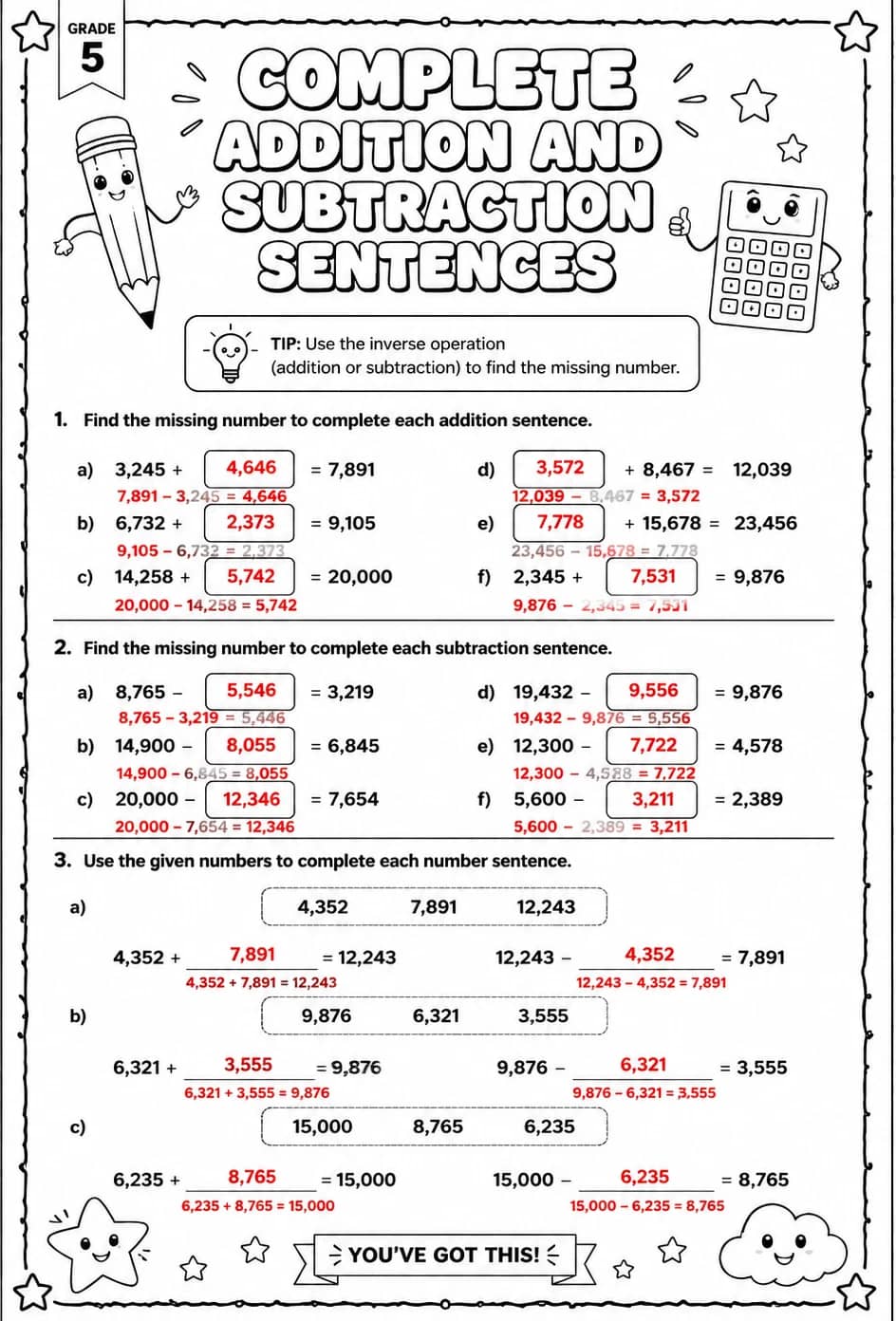 Answer key for Complete addition and subtraction sentences — free printable Math worksheet