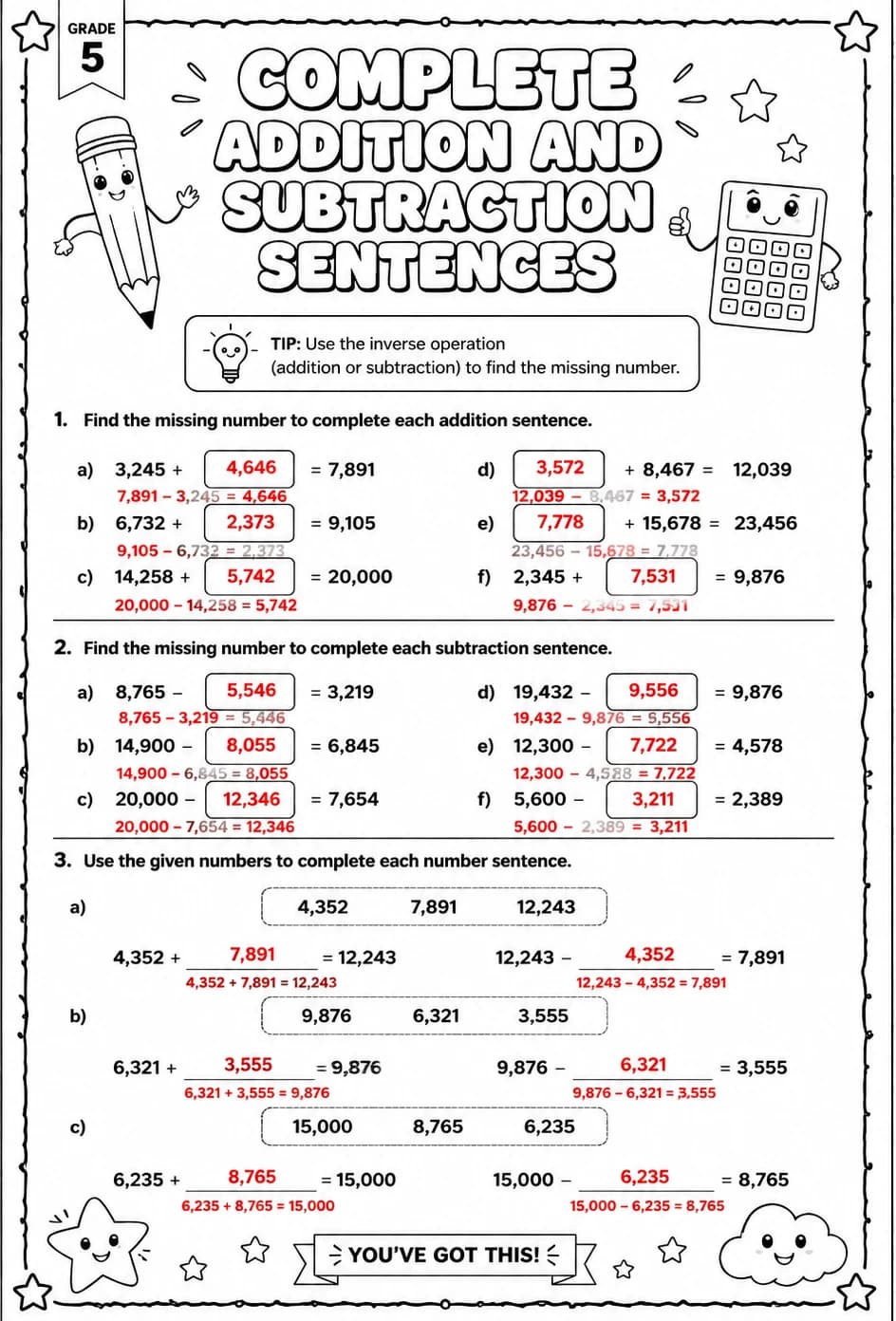 Answer key for Complete addition and subtraction sentences — free printable Math worksheet