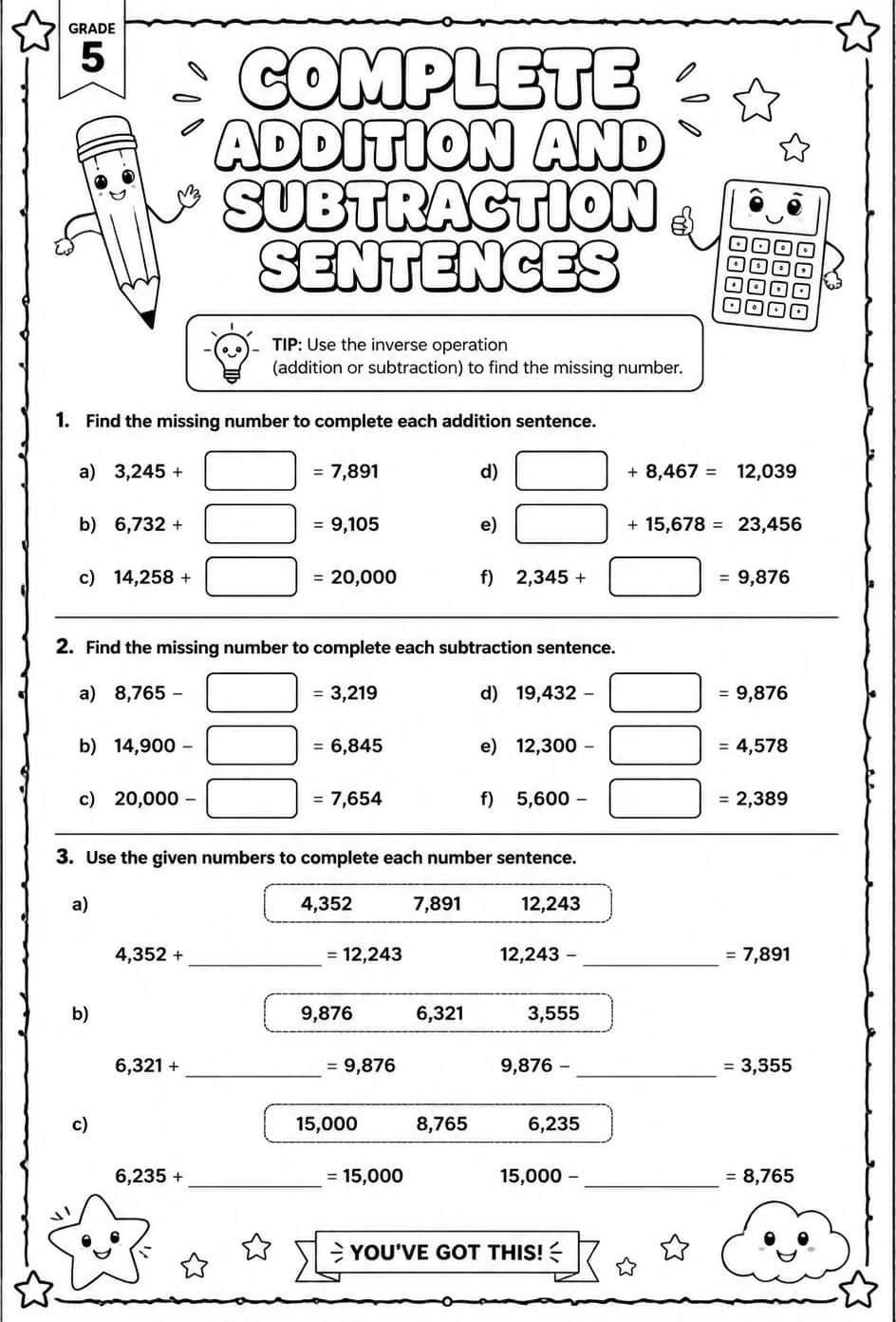 Complete addition and subtraction sentences — free printable Grade 5 math worksheet
