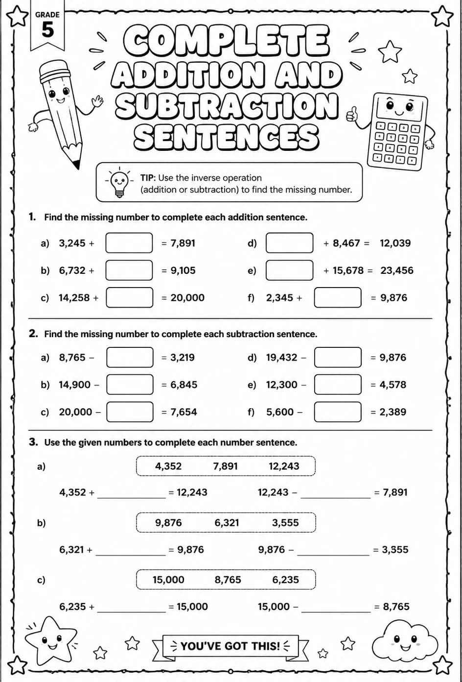 Complete addition and subtraction sentences — free printable Grade 5 math worksheet