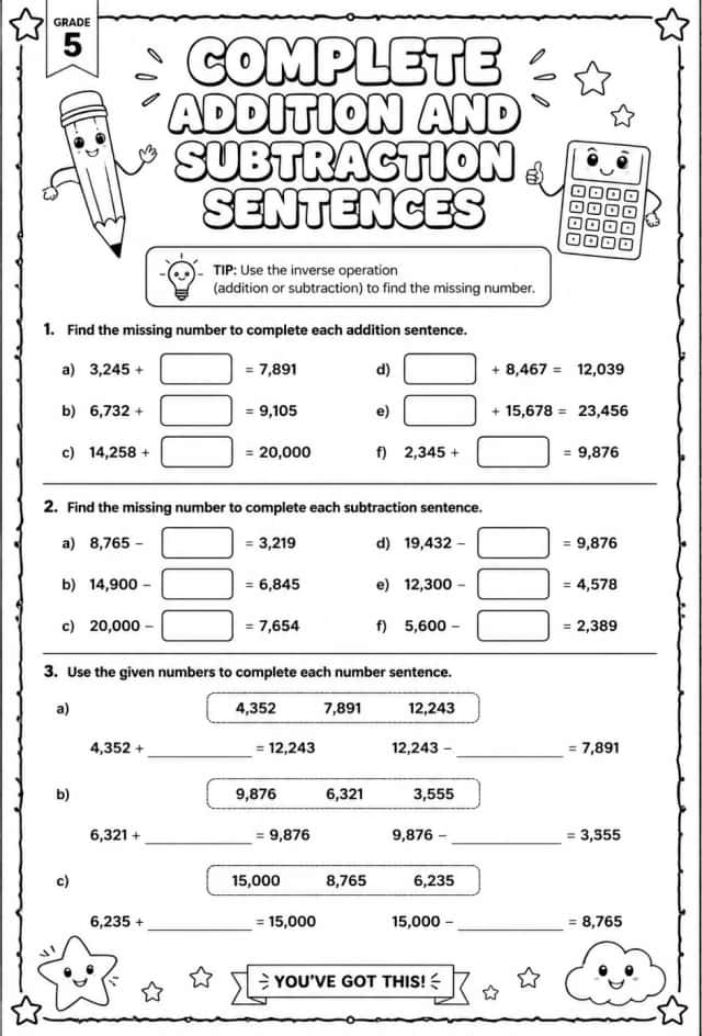 Complete addition and subtraction sentences