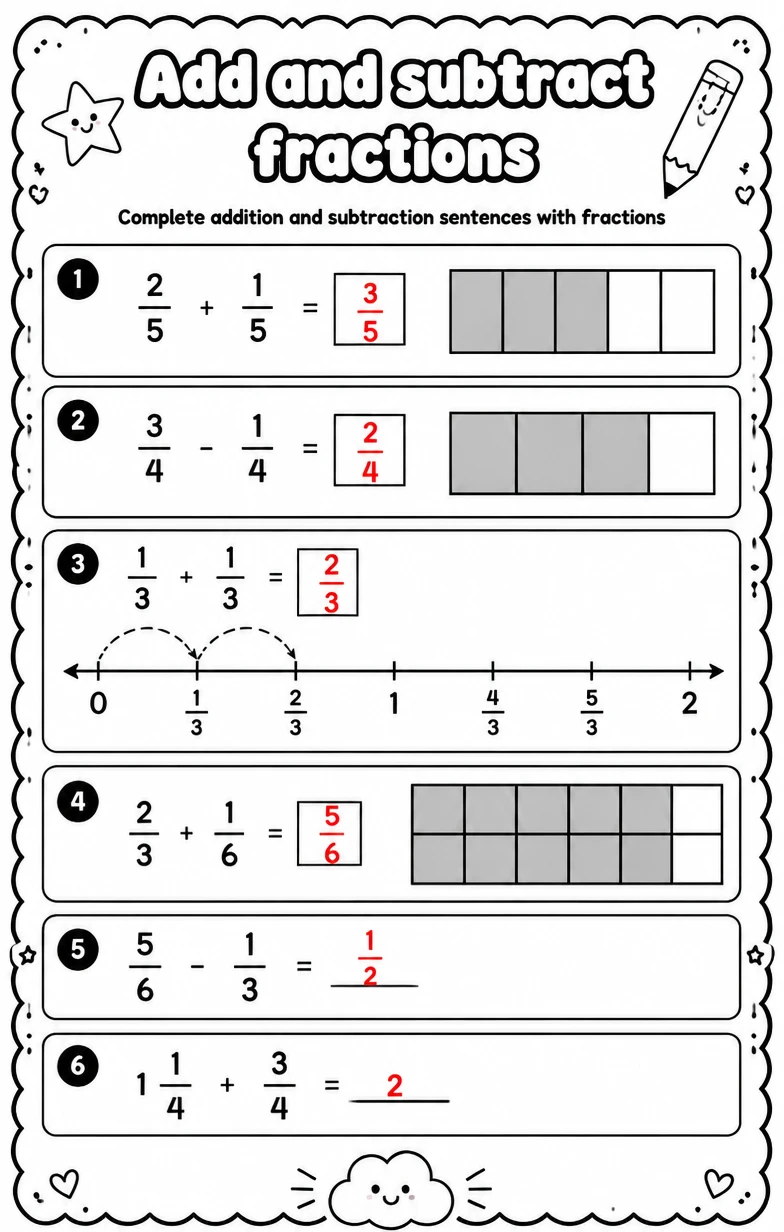 Answer key for Complete addition and subtraction sentences with fractions — free printable Math worksheet