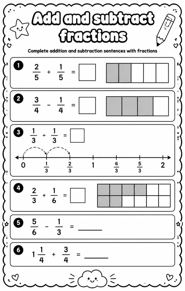 Complete addition and subtraction sentences with fractions — free printable Grade 5 math worksheet