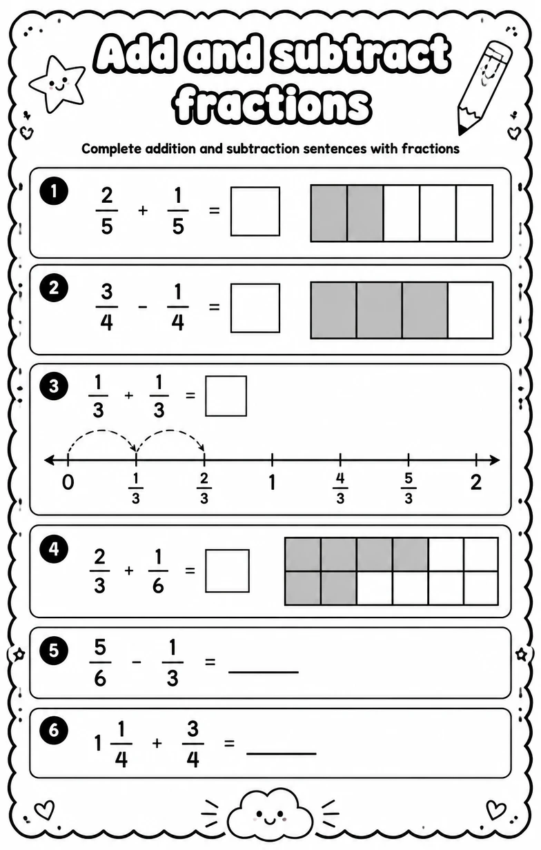 Complete addition and subtraction sentences with fractions — free printable Grade 5 Math worksheet