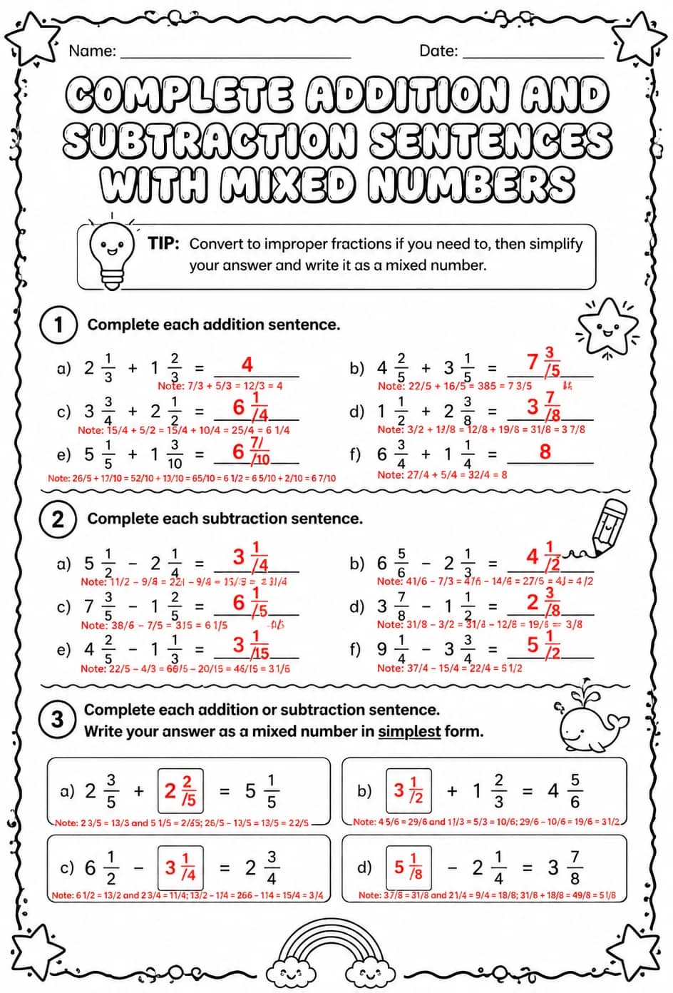 Answer key for Complete addition and subtraction sentences with mixed numbers — free printable Math worksheet