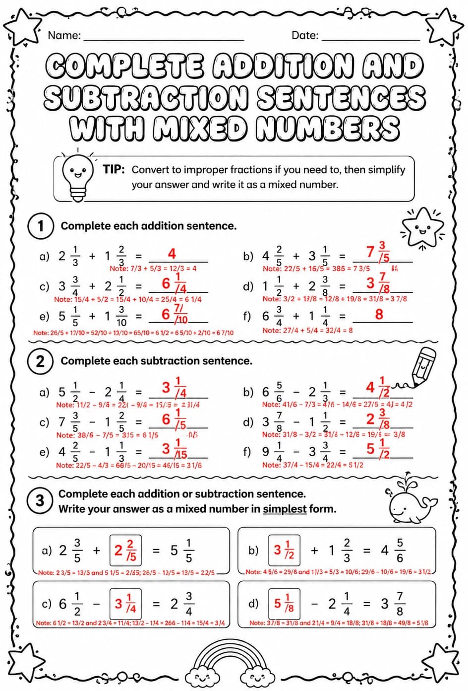 Answer key for Complete addition and subtraction sentences with mixed numbers — free printable Math worksheet